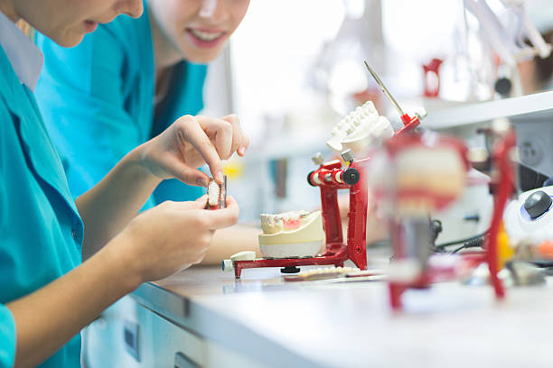 Woman in a prosthodontic lab, learning prosthetic dentistry, close up of hands.